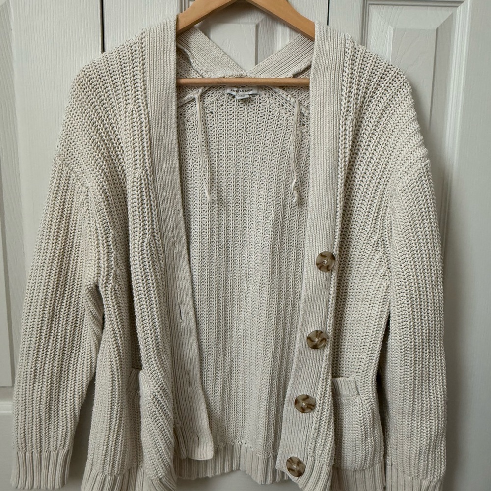 American Eagle Women's Cream Knit Button-Front Cardigan Sweater